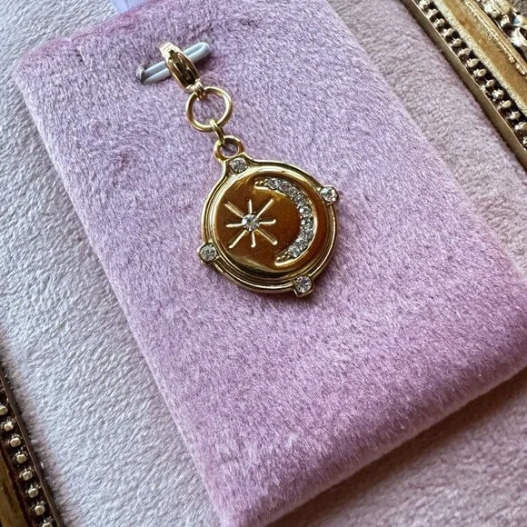 Moon & Star Charm Pendant 18k Gold PVD Stainless Steel Micro Crystals w/ Clasp - Picture 9 of 13